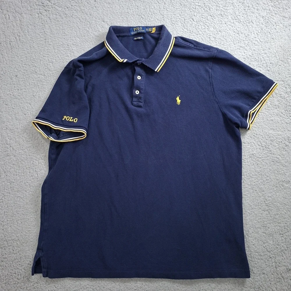 Polo Ralph Lauren Mens XL Custom Slim Fit Polo Shirt Blue Logo Sleeve Stripes